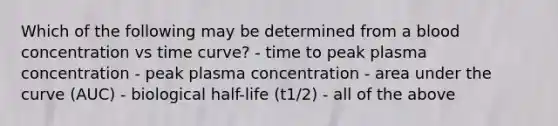 Which of the following may be determined from a blood concentration vs time curve? - time to peak plasma concentration - peak plasma concentration - area under the curve (AUC) - biological half-life (t1/2) - all of the above