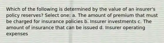 Which of the following is determined by the value of an insurer's policy reserves? Select one: a. The amount of premium that must be charged for insurance policies b. Insurer investments c. The amount of insurance that can be issued d. Insurer operating expenses