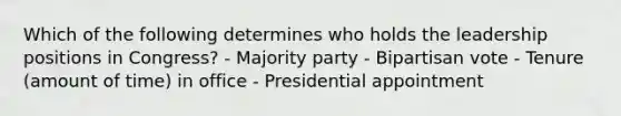 Which of the following determines who holds the leadership positions in Congress? - Majority party - Bipartisan vote - Tenure (amount of time) in office - Presidential appointment