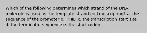 Which of the following determines which strand of the DNA molecule is used as the template strand for transcription? a. the sequence of the promoter b. TFIID c. the transcription start site d. the terminator sequence e. the start codon