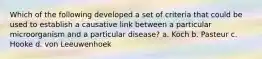 Which of the following developed a set of criteria that could be used to establish a causative link between a particular microorganism and a particular disease? a. Koch b. Pasteur c. Hooke d. von Leeuwenhoek