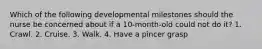 Which of the following developmental milestones should the nurse be concerned about if a 10-month-old could not do it? 1. Crawl. 2. Cruise. 3. Walk. 4. Have a pincer grasp