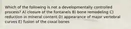 Which of the following is not a developmentally controlled process? A) closure of the fontanels B) bone remodeling C) reduction in mineral content D) appearance of major vertebral curves E) fusion of the coxal bones