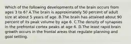 Which of the following developments of the brain occurs from ages 3 to 6? A.The brain is approximately 50 percent of adult size at about 5 years of age. B.The brain has attained about 90 percent of its peak volume by age 6. C.The density of synapses in the prefrontal cortex peaks at age 6. D.The least rapid brain growth occurs in the frontal areas that regulate planning and goal setting.