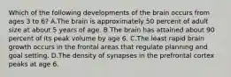 Which of the following developments of the brain occurs from ages 3 to 6? A.The brain is approximately 50 percent of adult size at about 5 years of age. B.The brain has attained about 90 percent of its peak volume by age 6. C.The least rapid brain growth occurs in the frontal areas that regulate planning and goal setting. D.The density of synapses in the prefrontal cortex peaks at age 6.