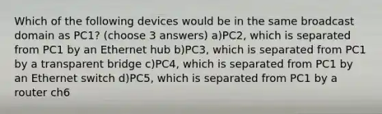 Which of the following devices would be in the same broadcast domain as PC1? (choose 3 answers) a)PC2, which is separated from PC1 by an Ethernet hub b)PC3, which is separated from PC1 by a transparent bridge c)PC4, which is separated from PC1 by an Ethernet switch d)PC5, which is separated from PC1 by a router ch6