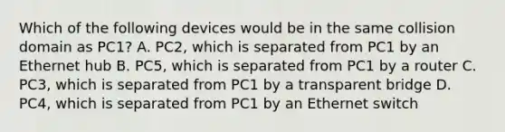 Which of the following devices would be in the same collision domain as PC1? A. PC2, which is separated from PC1 by an Ethernet hub B. PC5, which is separated from PC1 by a router C. PC3, which is separated from PC1 by a transparent bridge D. PC4, which is separated from PC1 by an Ethernet switch