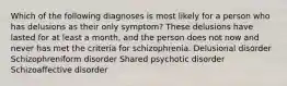 Which of the following diagnoses is most likely for a person who has delusions as their only symptom? These delusions have lasted for at least a month, and the person does not now and never has met the criteria for schizophrenia. Delusional disorder Schizophreniform disorder Shared psychotic disorder Schizoaffective disorder