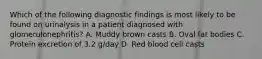 Which of the following diagnostic findings is most likely to be found on urinalysis in a patient diagnosed with glomerulonephritis? A. Muddy brown casts B. Oval fat bodies C. Protein excretion of 3.2 g/day D. Red blood cell casts