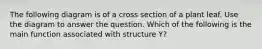 The following diagram is of a cross section of a plant leaf. Use the diagram to answer the question. Which of the following is the main function associated with structure Y?