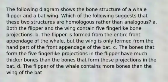 The following diagram shows the <a href='https://www.questionai.com/knowledge/kgWuCNs0Fr-bone-structure' class='anchor-knowledge'>bone structure</a> of a whale flipper and a bat wing. Which of the following suggests that these two structures are homologous rather than analogous? a. Both the flipper and the wing contain five fingerlike bone projections. b. The flipper is formed from the entire front appendage of the whale, but the wing is only formed from the hand part of the front appendage of the bat. c. The bones that form the five fingerlike projections in the flipper have much thicker bones than the bones that form these projections in the bat. d. The flipper of the whale contains more bones than the wing of the bat