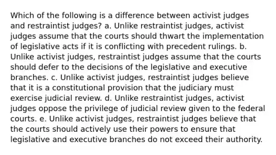 Which of the following is a difference between activist judges and restraintist judges? a. Unlike restraintist judges, activist judges assume that the courts should thwart the implementation of legislative acts if it is conflicting with precedent rulings. b. Unlike activist judges, restraintist judges assume that the courts should defer to the decisions of the legislative and executive branches. c. Unlike activist judges, restraintist judges believe that it is a constitutional provision that the judiciary must exercise judicial review. d. Unlike restraintist judges, activist judges oppose the privilege of judicial review given to the federal courts. e. Unlike activist judges, restraintist judges believe that the courts should actively use their powers to ensure that legislative and executive branches do not exceed their authority.