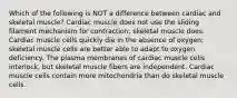 Which of the following is NOT a difference between cardiac and skeletal muscle? Cardiac muscle does not use the sliding filament mechanism for contraction; skeletal muscle does. Cardiac muscle cells quickly die in the absence of oxygen; skeletal muscle cells are better able to adapt to oxygen deficiency. The plasma membranes of cardiac muscle cells interlock, but skeletal muscle fibers are independent. Cardiac muscle cells contain more mitochondria than do skeletal muscle cells.