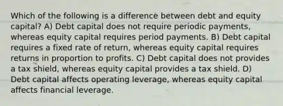 Which of the following is a difference between debt and equity capital? A) Debt capital does not require periodic payments, whereas equity capital requires period payments. B) Debt capital requires a fixed rate of return, whereas equity capital requires returns in proportion to profits. C) Debt capital does not provides a tax shield, whereas equity capital provides a tax shield. D) Debt capital affects operating leverage, whereas equity capital affects financial leverage.