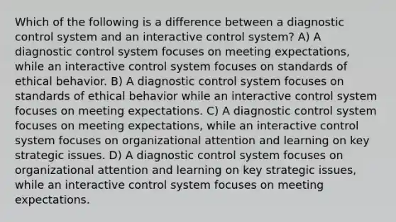 Which of the following is a difference between a diagnostic control system and an interactive control system? A) A diagnostic control system focuses on meeting expectations, while an interactive control system focuses on standards of ethical behavior. B) A diagnostic control system focuses on standards of ethical behavior while an interactive control system focuses on meeting expectations. C) A diagnostic control system focuses on meeting expectations, while an interactive control system focuses on organizational attention and learning on key strategic issues. D) A diagnostic control system focuses on organizational attention and learning on key strategic issues, while an interactive control system focuses on meeting expectations.