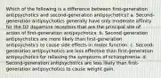 Which of the following is a difference between first-generation antipsychotics and second-generation antipsychotics? a. Second-generation antipsychotics generally have only moderate affinity for the D2 dopamine receptors that are the principal site of action of first-generation antipsychotics. b. Second-generation antipsychotics are more likely than first-generation antipsychotics to cause side effects in motor function. c. Second-generation antipsychotics are less effective than first-generation antipsychotics for relieving the symptoms of schizophrenia. d. Second-generation antipsychotics are less likely than first-generation antipsychotics to cause weight gain.