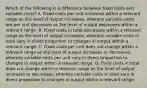 Which of the following is a difference between fixed costs and variable costs? A. Fixed costs per unit increases within a relevant range as the level of output increases, whereas variable costs are per unit decreases as the level of output decreases within a relevant range. B. Fixed costs in total decreases within a relevant range as the level of output increases, whereas variable costs in total vary in direct proportion to changes in output within a relevant range. C. Fixed costs per unit does not change within a relevant range as the level of output increases or decreases, whereas variable costs per unit vary in direct proportion to changes in output within a relevant range. D. Fixed costs in total does not change within a relevant range as the level of output increases or decreases, whereas variable costs in total vary in direct proportion to changes in output within a relevant range.