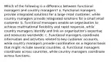 Which of the following is a difference between functional managers and country managers? a. Functional managers provide integrated solutions for a large retail customer, while country managers provide integrated solutions for a small retail customer. b. Functional managers enable an organization to achieve multinational flexibility and rapid response, while country managers identify and link an organization's expertise and resources worldwide. c. Functional managers coordinate information and activities related to key customer accounts, while country managers provide coordination on a regional basis that might include several countries. d. Functional managers coordinate across countries, while country managers coordinate across functions.