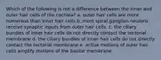 Which of the following is not a difference between the inner and outer hair cells of the cochlea? a. outer hair cells are more numerous than inner hair cells b. most spiral ganglion neurons receive synaptic inputs from outer hair cells. c. the ciliary bundles of inner hair cells do not directly contact the tectorial membrane d. the ciliary bundles of inner hair cells do not directly contact the tectorial membrane e. active motions of outer hair cells amplify motions of the basilar membrane