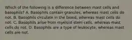 Which of the following is a difference between mast cells and basophils? A. Basophils contain granules, whereas mast cells do not. B. Basophils circulate in the blood, whereas mast cells do not. C. Basophils arise from myeloid stem cells, whereas mast cells do not. D. Basophils are a type of leukocyte, whereas mast cells are not.