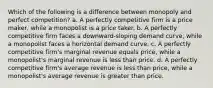 Which of the following is a difference between monopoly and perfect competition? a. A perfectly competitive firm is a price maker, while a monopolist is a price taker. b. A perfectly competitive firm faces a downward-sloping demand curve, while a monopolist faces a horizontal demand curve. c. A perfectly competitive firm's marginal revenue equals price, while a monopolist's marginal revenue is less than price. d. A perfectly competitive firm's average revenue is less than price, while a monopolist's average revenue is greater than price.