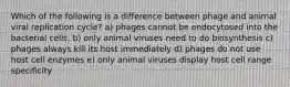 Which of the following is a difference between phage and animal viral replication cycle? a) phages cannot be endocytosed into the bacterial cells. b) only animal viruses need to do biosynthesis c) phages always kill its host immediately d) phages do not use host cell enzymes e) only animal viruses display host cell range specificity