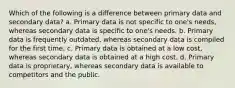 Which of the following is a difference between primary data and secondary data? a. Primary data is not specific to one's needs, whereas secondary data is specific to one's needs. b. Primary data is frequently outdated, whereas secondary data is compiled for the first time. c. Primary data is obtained at a low cost, whereas secondary data is obtained at a high cost. d. Primary data is proprietary, whereas secondary data is available to competitors and the public.