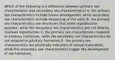 Which of the following is a difference between primary sex characteristics and secondary sex characteristics? A. the primary sex characteristics include breast development, while secondary sex characteristics include deepening of the voice B. the primary sex characteristics are structures that make reproduction possible, while the secondary sex characteristics are not directly involved reproduction C. the primary sex characteristics respond to pituitary hormones, while the secondary sex characteristics do not respond to pituitary hormones D. the primary sex characteristics are physically indicators of sexual maturation, while the secondary sex characteristics trigger the development of sex hormones