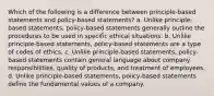 Which of the following is a difference between principle-based statements and policy-based statements? a. Unlike principle-based statements, policy-based statements generally outline the procedures to be used in specific ethical situations. b. Unlike principle-based statements, policy-based statements are a type of codes of ethics. c. Unlike principle-based statements, policy-based statements contain general language about company responsibilities, quality of products, and treatment of employees. d. Unlike principle-based statements, policy-based statements define the fundamental values of a company.