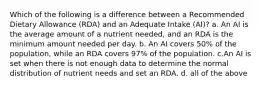 Which of the following is a difference between a Recommended Dietary Allowance (RDA) and an Adequate Intake (AI)? a. An AI is the average amount of a nutrient needed, and an RDA is the minimum amount needed per day. b. An AI covers 50% of the population, while an RDA covers 97% of the population. c.An AI is set when there is not enough data to determine the normal distribution of nutrient needs and set an RDA. d. all of the above