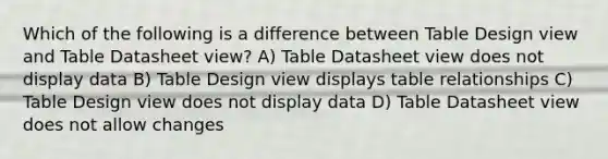 Which of the following is a difference between Table Design view and Table Datasheet view? A) Table Datasheet view does not display data B) Table Design view displays table relationships C) Table Design view does not display data D) Table Datasheet view does not allow changes