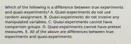 Which of the following is a difference between true experiments and quasi-experiments? A. Quasi-experiments do not use random assignment. B. Quasi-experiments do not involve any manipulated variables. C. Quasi-experiments cannot have comparison groups. D. Quasi-experiments cannot have pretest measures. E. All of the above are differences between true experiments and quasi-experiments.