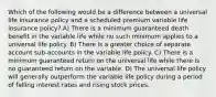 Which of the following would be a difference between a universal life insurance policy and a scheduled premium variable life insurance policy? A) There is a minimum guaranteed death benefit in the variable life while no such minimum applies to a universal life policy. B) There is a greater choice of separate account sub-accounts in the variable life policy. C) There is a minimum guaranteed return on the universal life while there is no guaranteed return on the variable. D) The universal life policy will generally outperform the variable life policy during a period of falling interest rates and rising stock prices.