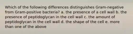 Which of the following differences distinguishes Gram-negative from Gram-positive bacteria? a. the presence of a cell wall b. the presence of peptidoglycan in the cell wall c. the amount of peptidoglycan in the cell wall d. the shape of the cell e. <a href='https://www.questionai.com/knowledge/keWHlEPx42-more-than' class='anchor-knowledge'>more than</a> one of the above