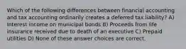 Which of the following differences between financial accounting and tax accounting ordinarily creates a deferred tax liability? A) Interest income on municipal bonds B) Proceeds from life insurance received due to death of an executive C) Prepaid utilities D) None of these answer choices are correct.