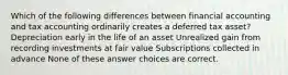 Which of the following differences between financial accounting and tax accounting ordinarily creates a deferred tax asset? Depreciation early in the life of an asset Unrealized gain from recording investments at fair value Subscriptions collected in advance None of these answer choices are correct.