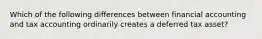 Which of the following differences between financial accounting and tax accounting ordinarily creates a deferred tax asset?
