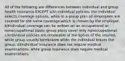 All of the following are differences between individual and group health insurance EXCEPT a)In individual policies, the individual selects coverage options, while in a group plan all employees are covered for the same coverage which is chosen by the employer. b)Individual coverage can be written on an occupational or nonoccupational basis; group plans cover only nonoccupational. c)Individual policies are renewable at the option of the insured, while group usually terminates when the individual leaves the group. d)Individual insurance does not require medical examinations, while group insurance does require medical examinations.