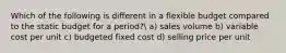 Which of the following is different in a flexible budget compared to the static budget for a period? a) sales volume b) variable cost per unit c) budgeted fixed cost d) selling price per unit