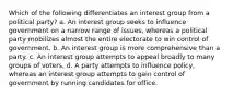 Which of the following differentiates an interest group from a political party? a. An interest group seeks to influence government on a narrow range of issues, whereas a political party mobilizes almost the entire electorate to win control of government. b. An interest group is more comprehensive than a party. c. An interest group attempts to appeal broadly to many groups of voters. d. A party attempts to influence policy, whereas an interest group attempts to gain control of government by running candidates for office.