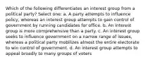 Which of the following differentiates an interest group from a political party? Select one: a. A party attempts to influence policy, whereas an interest group attempts to gain control of government by running candidates for office. b. An interest group is more comprehensive than a party. c. An interest group seeks to influence government on a narrow range of issues, whereas a political party mobilizes almost the entire electorate to win control of government. d. An interest group attempts to appeal broadly to many groups of voters