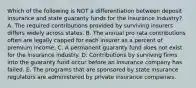 Which of the following is NOT a differentiation between deposit insurance and state guaranty funds for the insurance industry? A. The required contributions provided by surviving insurers differs widely across states. B. The annual pro rata contributions often are legally capped for each insurer as a percent of premium income. C. A permanent guaranty fund does not exist for the insurance industry. D. Contributions by surviving firms into the guaranty fund occur before an insurance company has failed. E. The programs that are sponsored by state insurance regulators are administered by private insurance companies.