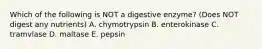 Which of the following is NOT a digestive enzyme? (Does NOT digest any nutrients) A. chymotrypsin B. enterokinase C. tramvlase D. maltase E. pepsin