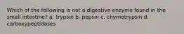 Which of the following is not a digestive enzyme found in the small intestine? a. trypsin b. pepsin c. chymotrypsin d. carboxypeptidases