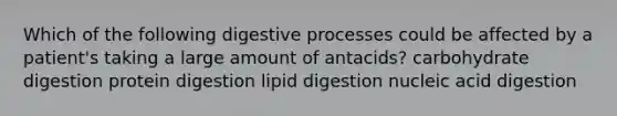 Which of the following digestive processes could be affected by a patient's taking a large amount of antacids? carbohydrate digestion protein digestion lipid digestion nucleic acid digestion