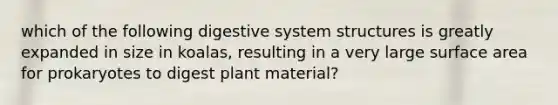 which of the following digestive system structures is greatly expanded in size in koalas, resulting in a very large surface area for prokaryotes to digest plant material?