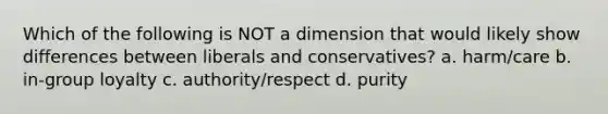 Which of the following is NOT a dimension that would likely show differences between liberals and conservatives? a. harm/care b. in-group loyalty c. authority/respect d. purity