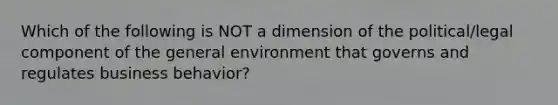 Which of the following is NOT a dimension of the political/legal component of the general environment that governs and regulates business behavior?