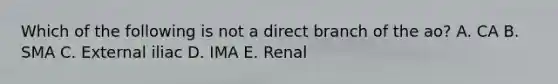 Which of the following is not a direct branch of the ao? A. CA B. SMA C. External iliac D. IMA E. Renal