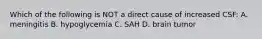 Which of the following is NOT a direct cause of increased CSF: A. meningitis B. hypoglycemia C. SAH D. brain tumor